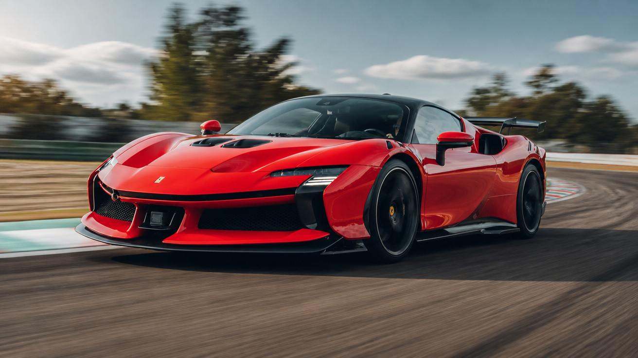 Carro esportivo vermelho em alta velocidade em pista de corrida sob céu nublado.