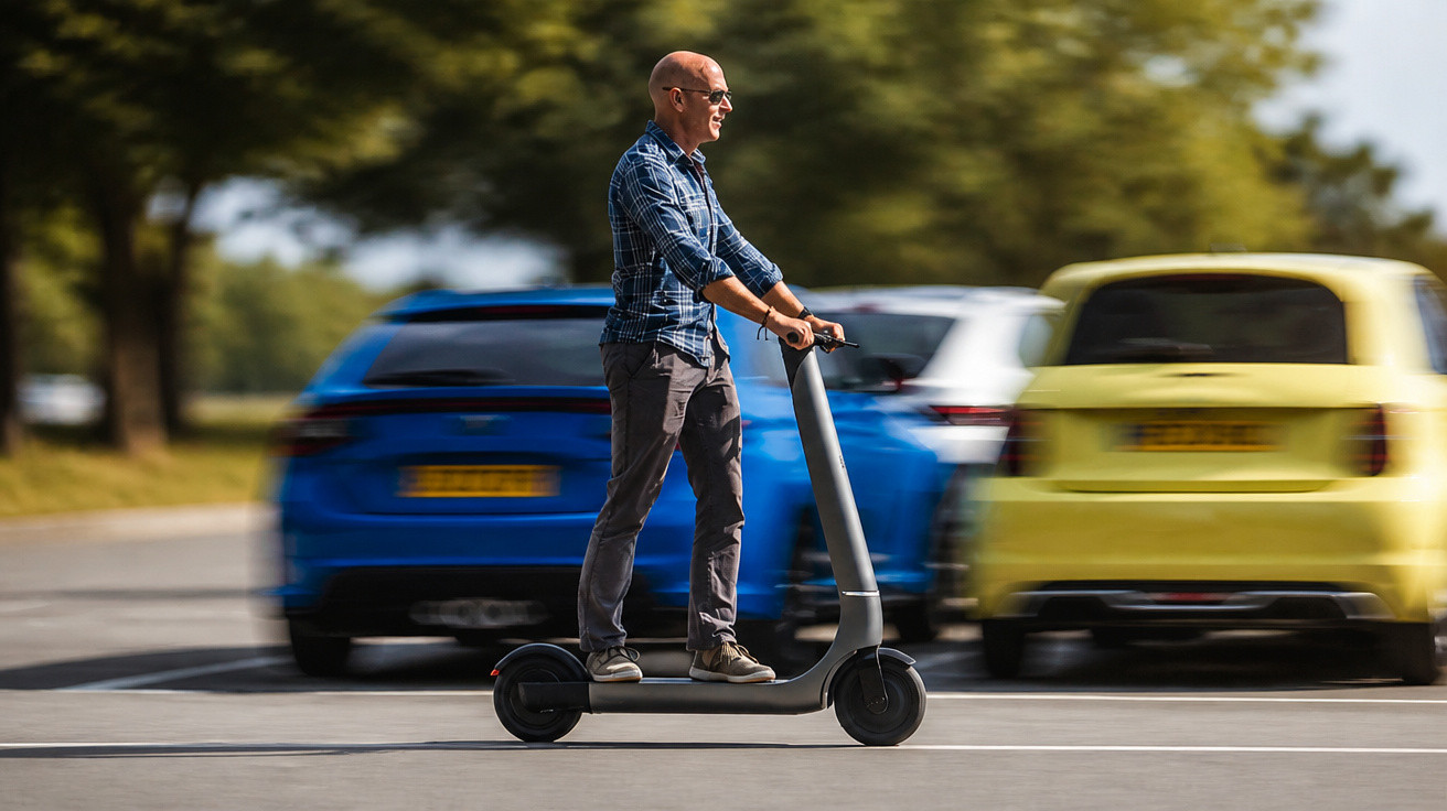 Homem de camisa xadrez anda de patinete elétrico em rua movimentada com carros ao fundo.