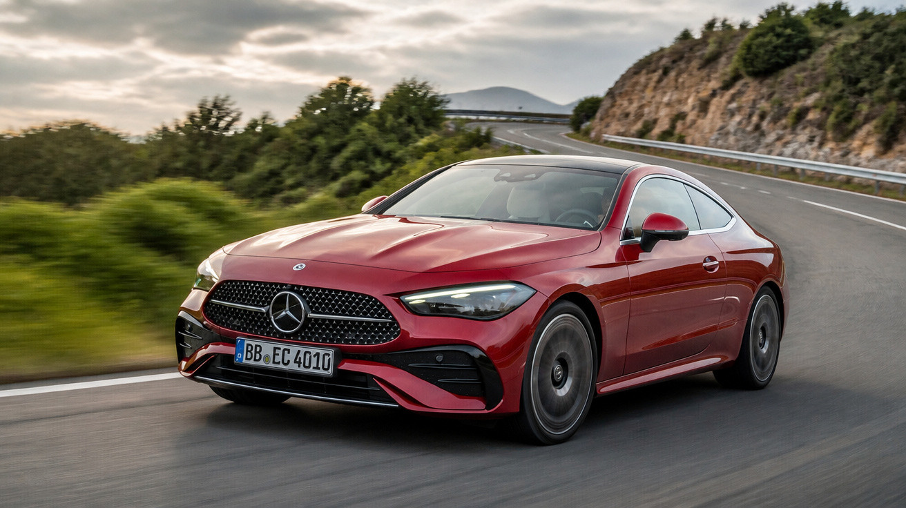 Carro esportivo vermelho Mercedes-Benz em estrada sinuosa com morros e vegetação ao fundo.