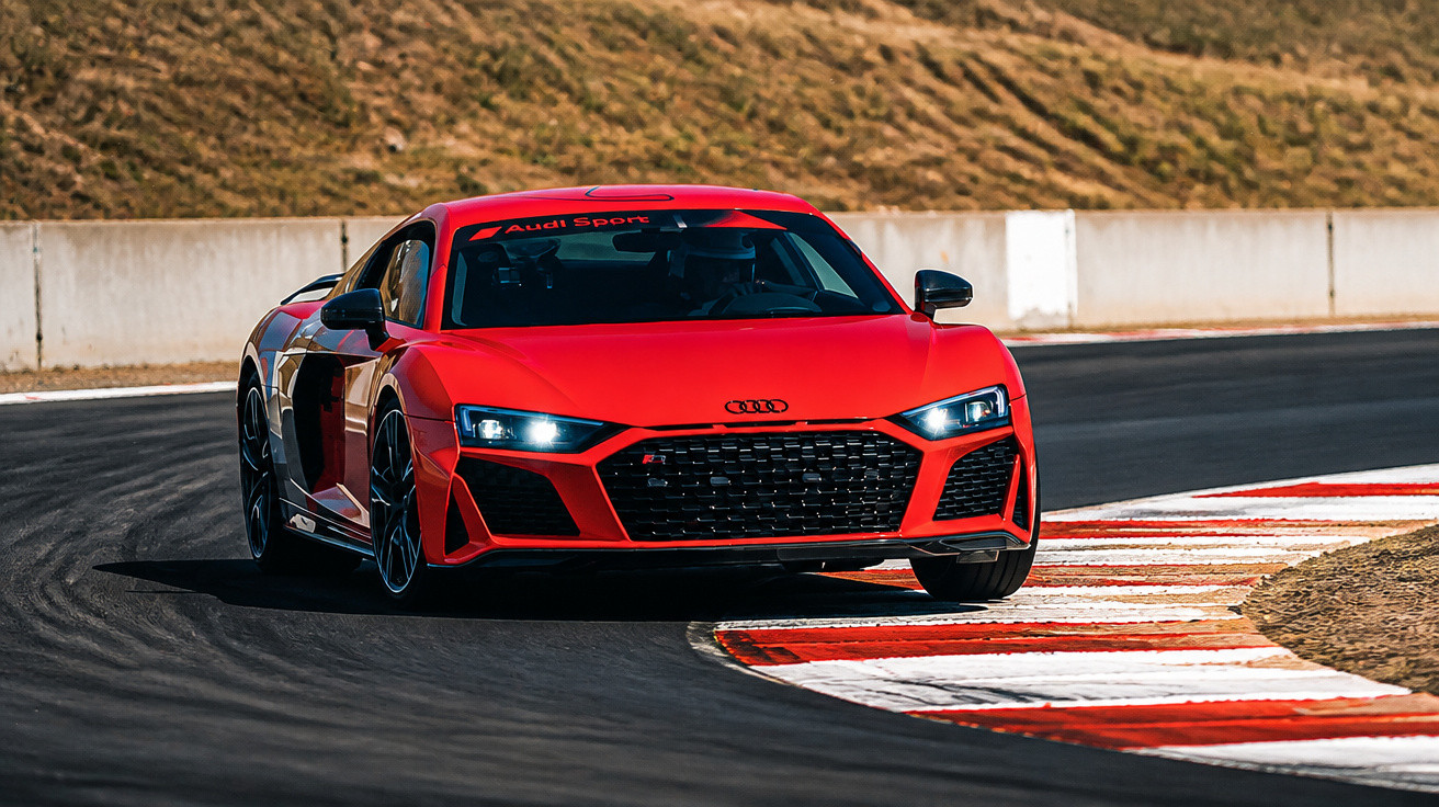 Carro esportivo Audi vermelho fazendo curva em pista de corrida com detalhes em vermelho e branco.