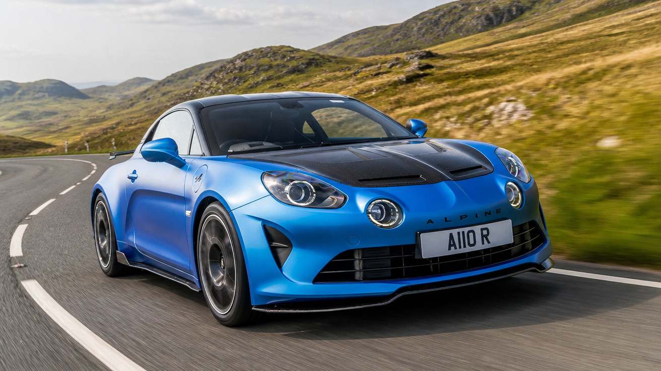 Carro esportivo azul Alpine A110 R em estrada de duas faixas cercada por montanhas verdes.