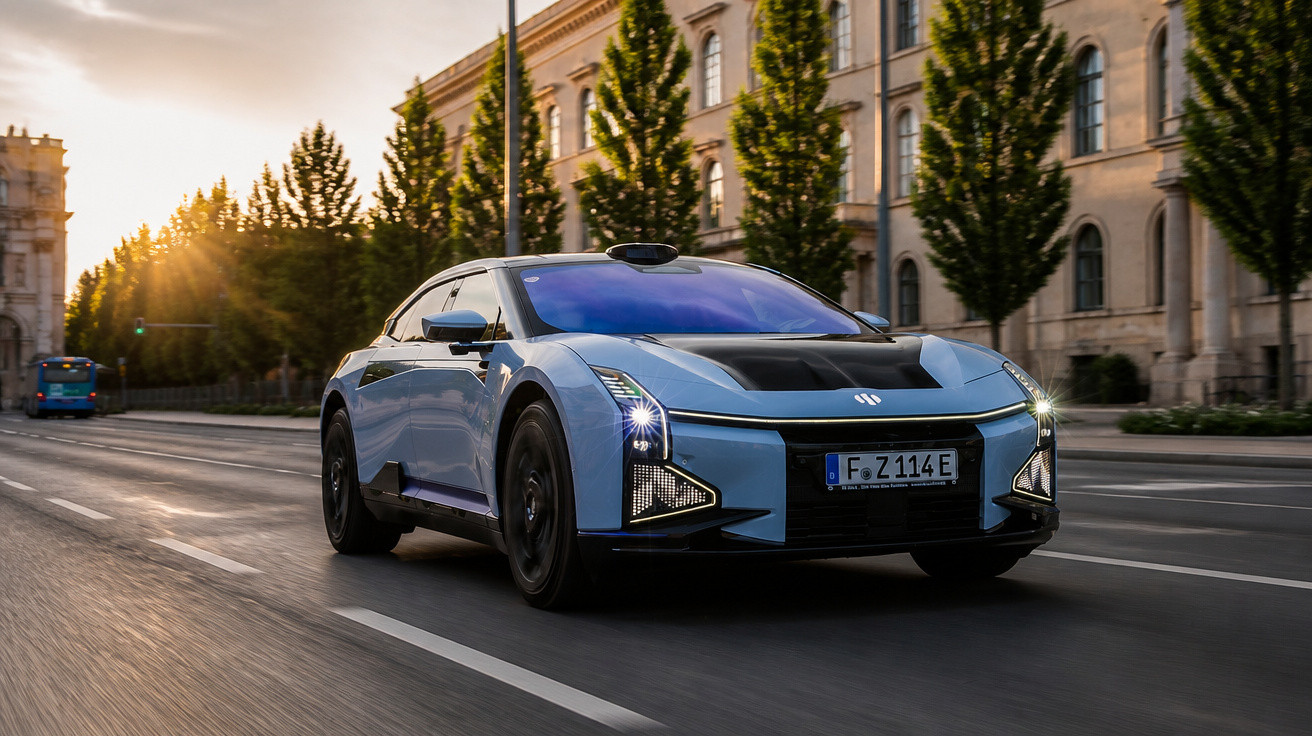 Carro elétrico azul moderno trafegando em avenida com árvores e prédios históricos ao fundo.