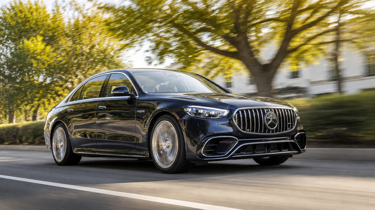 Carro preto de luxo Mercedes-Benz AMG em movimento na rua, com árvores ao fundo.