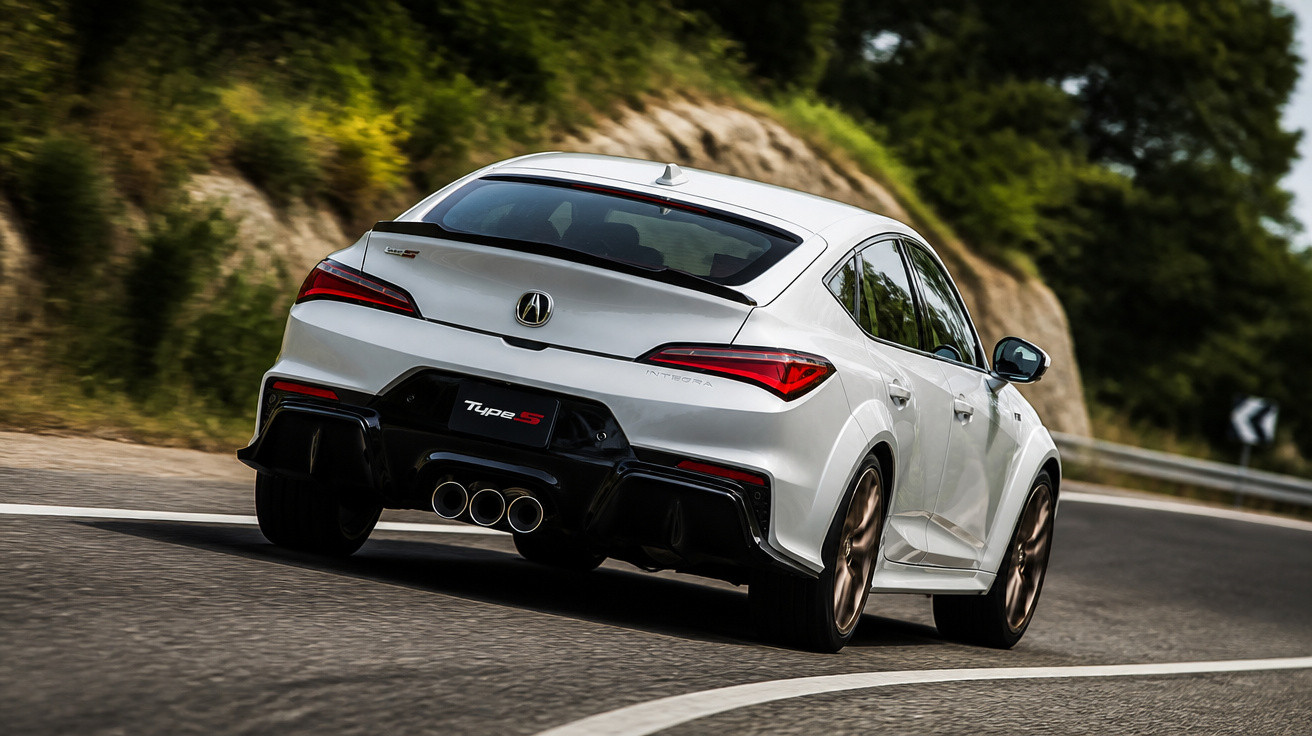 Carro Acura Type S branco em curva na estrada, com design esportivo e escapamento triplo traseiro.