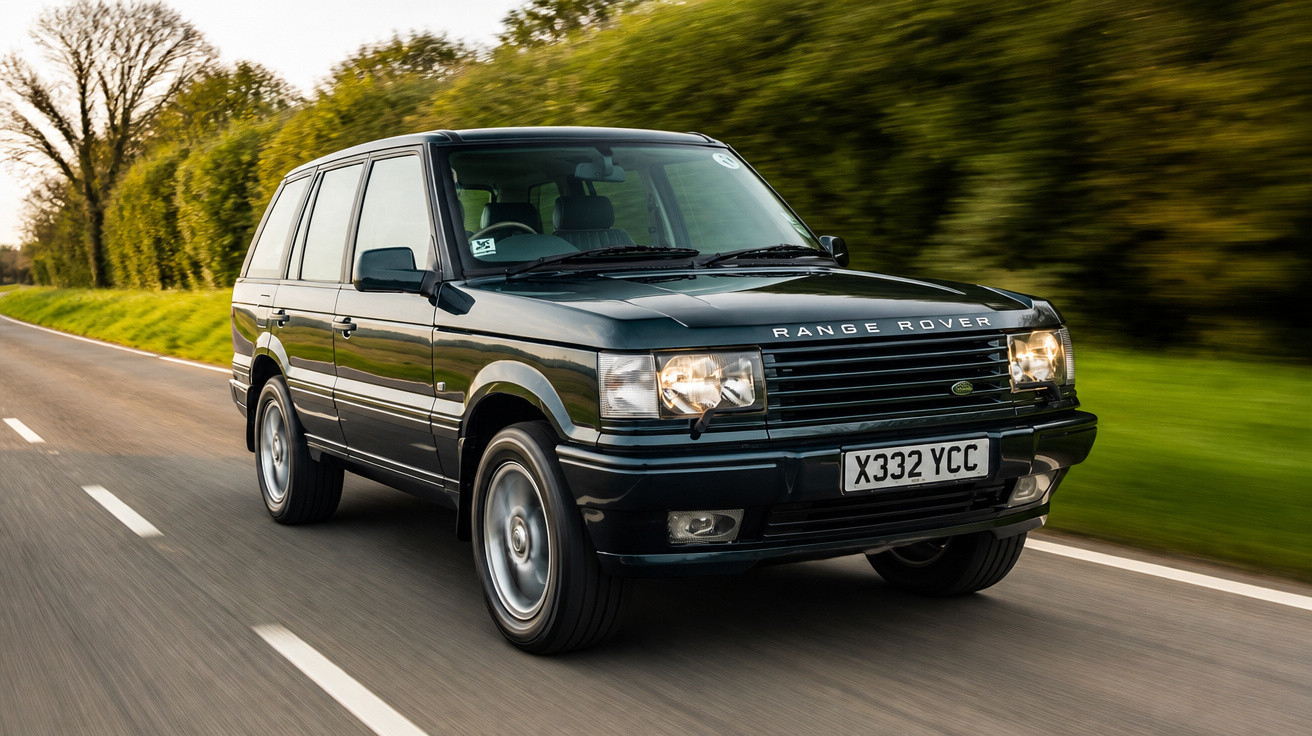 Carro SUV Range Rover preto em movimento em estrada cercada por árvores e grama verde.