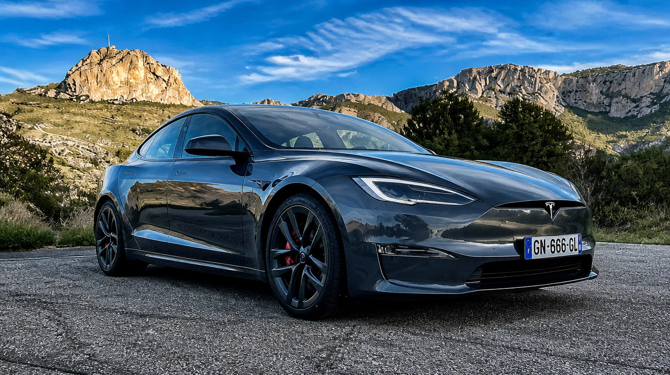 Carro elétrico Tesla Model S cinza estacionado em estrada com montanhas ao fundo e céu azul.