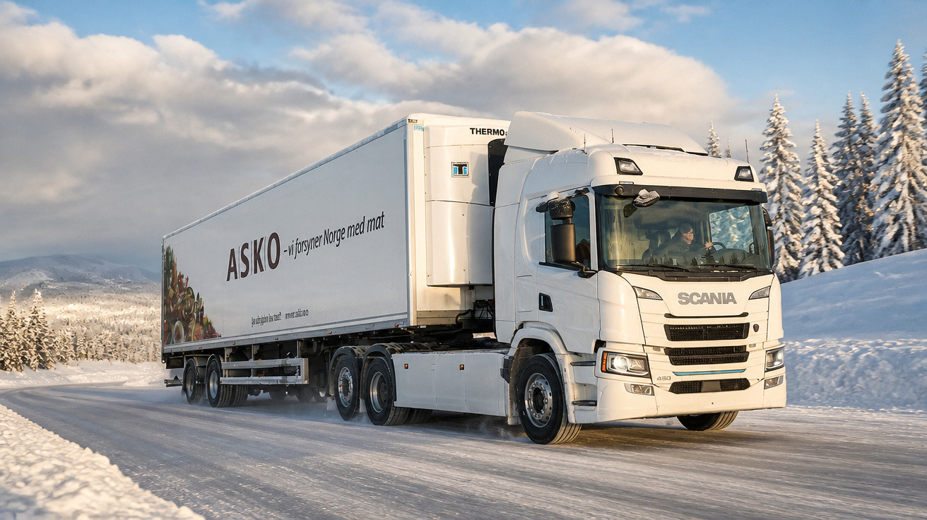 Caminhão branco da Scania transportando carga em estrada coberta de neve com árvores e montanhas ao fundo.