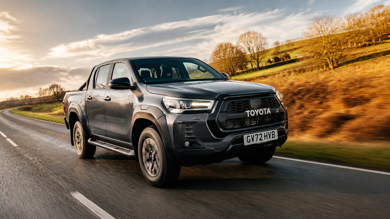 Picape preta Toyota Hilux em movimento em estrada com paisagem rural ao entardecer.
