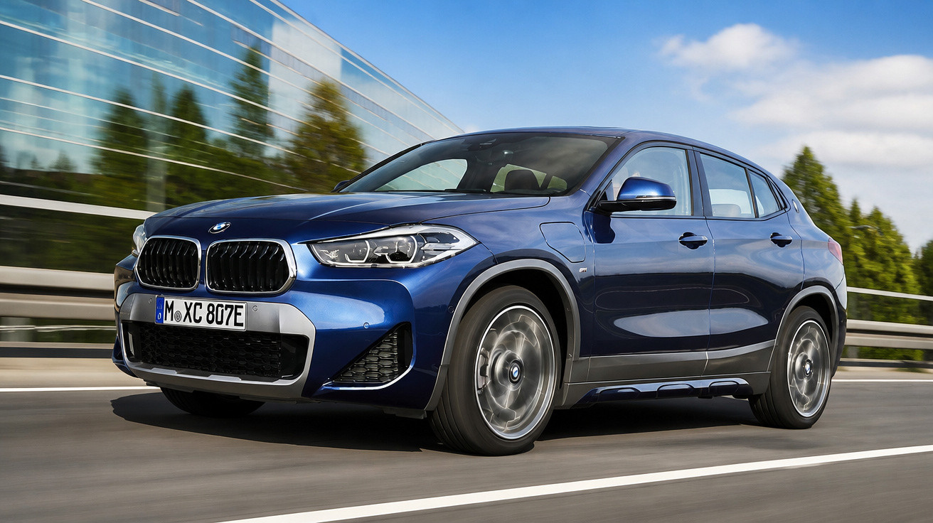Carro BMW SUV azul em movimento numa estrada urbana com edifícios e árvores ao fundo.