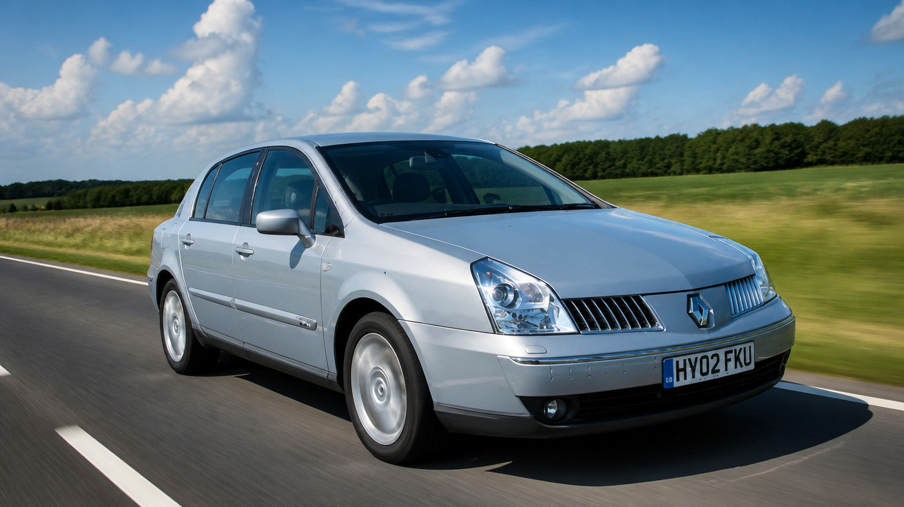 Carro prata Renault sedan em movimento na estrada com céu azul e campo verde ao fundo.