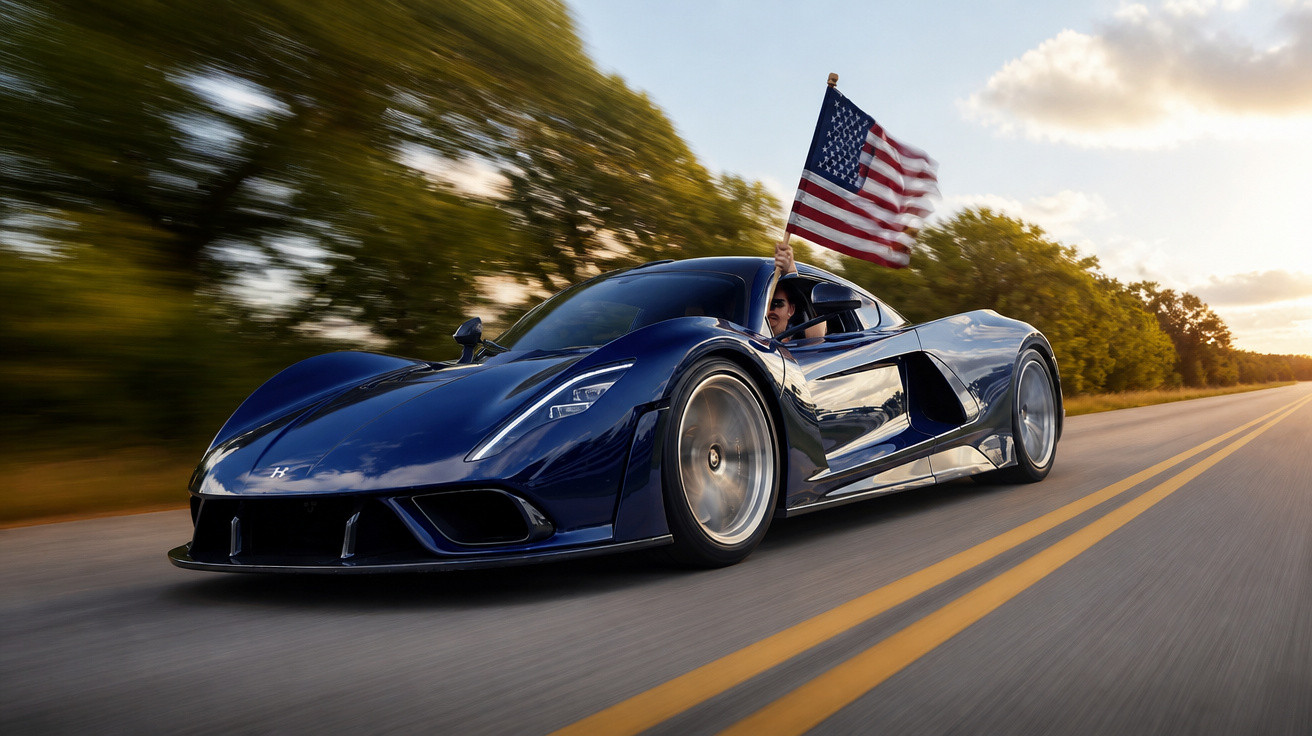 Carro esportivo azul em alta velocidade com pessoa segurando bandeira dos Estados Unidos na estrada.