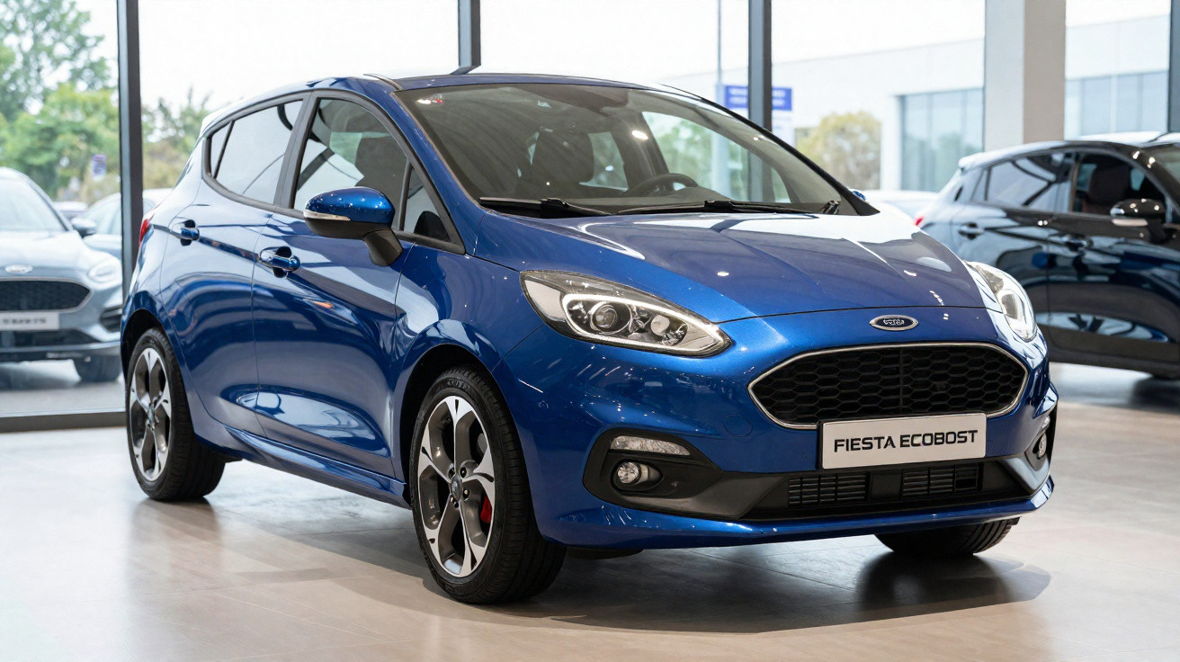 Carro hatchback azul Ford Fiesta Ecoboost em showroom com piso liso e janelas grandes ao fundo.