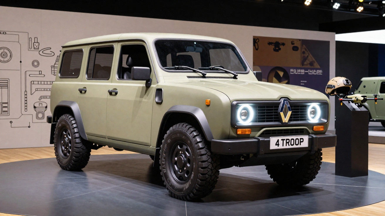 Veículo utilitário Renault 4 Troop verde militar em exposição, com faróis acesos e pneus off-road.