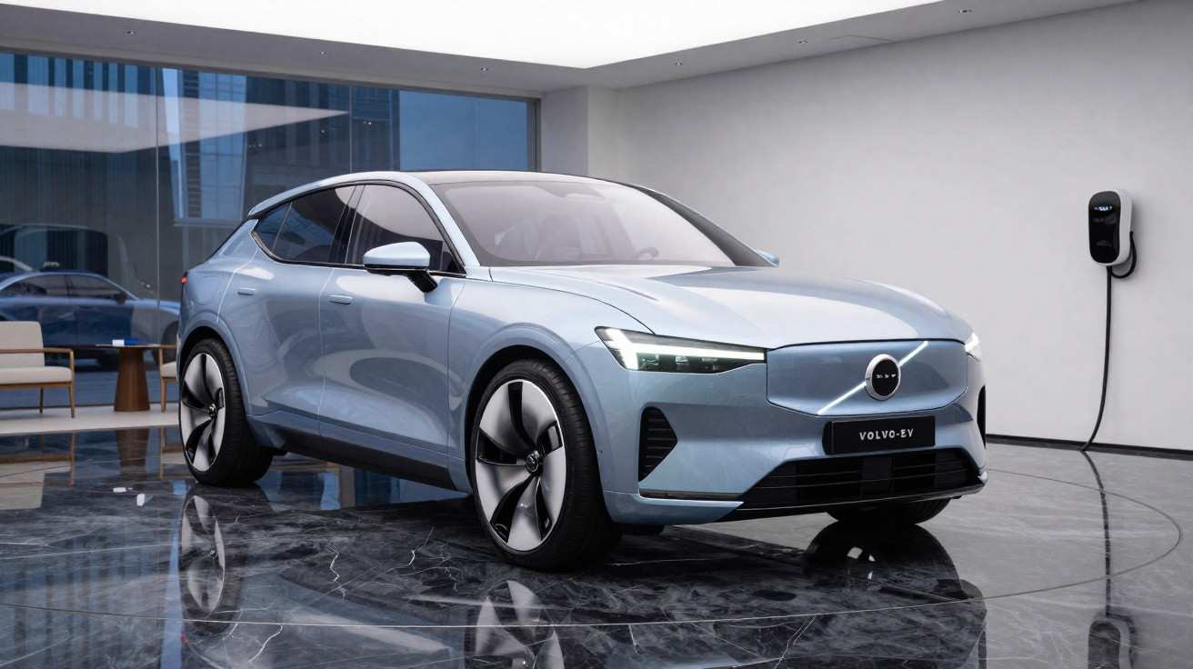 Carro elétrico Volvo azul claro em showroom moderno com parede branca e carregador instalado.
