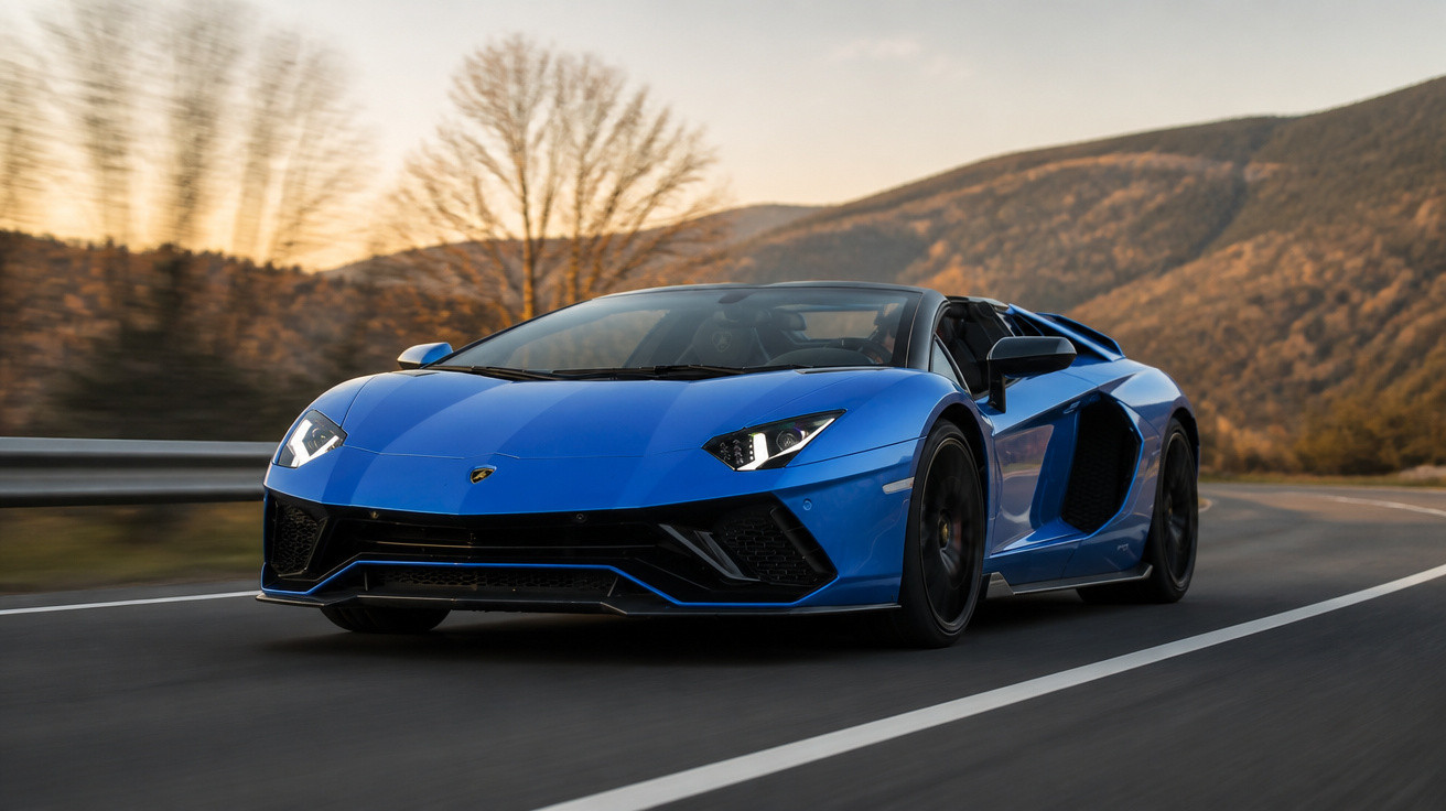 Carro esportivo azul Lamborguini dirigindo na estrada em área montanhosa ao pôr do sol.
