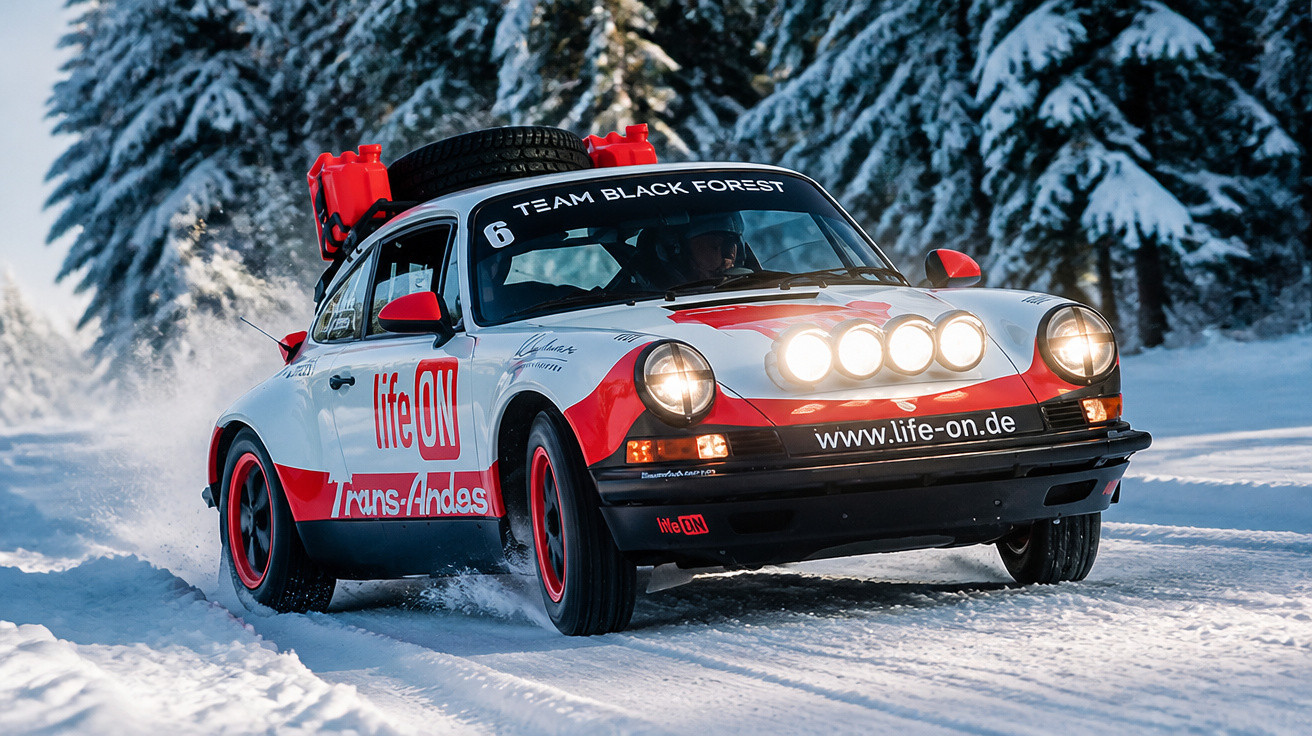 Carro de rally branco e vermelho com faróis acesos dirigindo em estrada coberta de neve cercada por árvores.