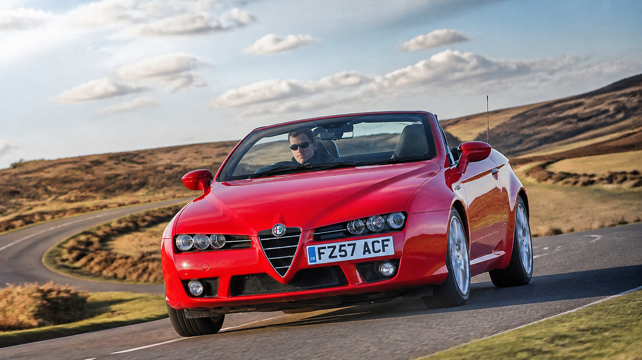 Carro conversível vermelho Alfa Romeo dirigido por homem em estrada sinuosa com paisagem de colinas ao fundo.