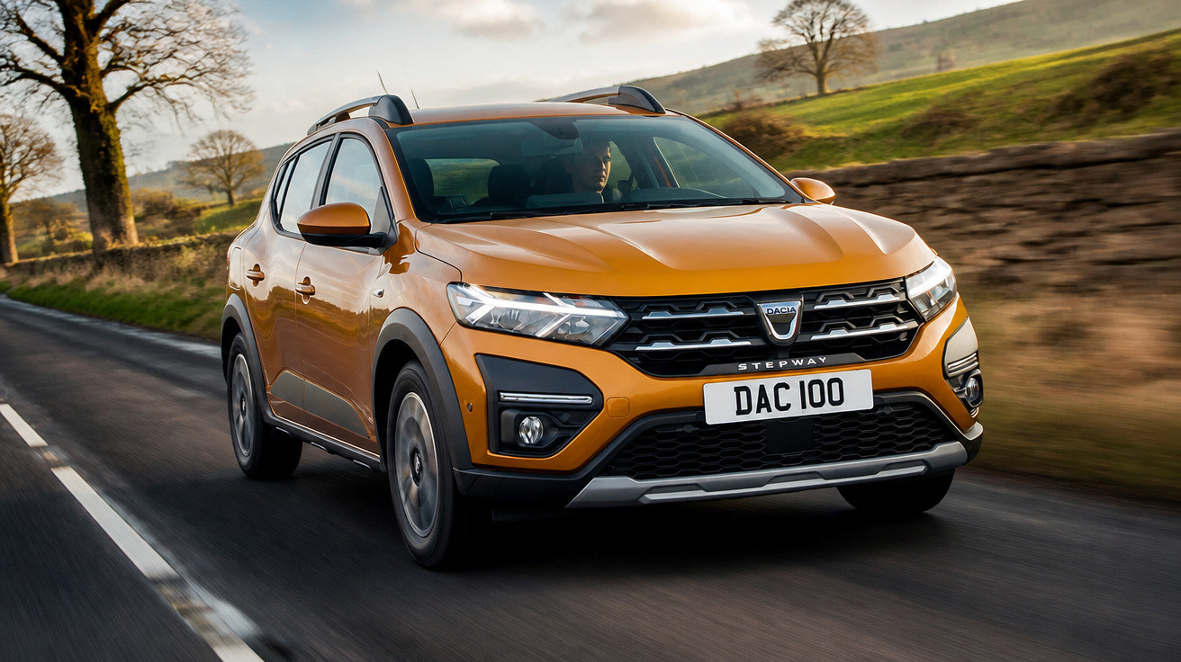 SUV Dacia Stepway laranja trafegando em estrada rural sob céu nublado.