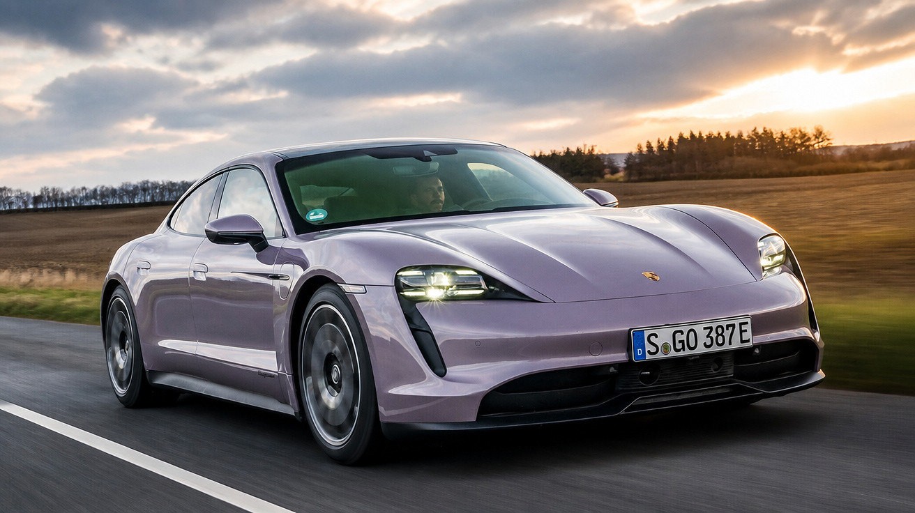 Carro esportivo elétrico Porsche Taycan cinza dirigindo em estrada com céu nublado ao entardecer