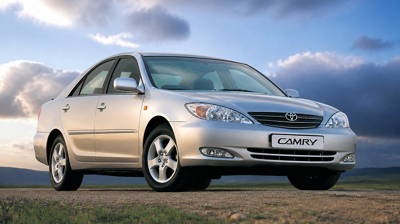 Carro sedan prata Toyota Camry estacionado em terreno aberto com céu nublado ao fundo.