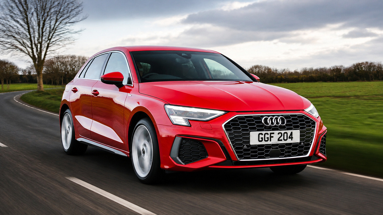 Audi vermelho em estrada sinuosa com árvores e gramado ao fundo em dia nublado.