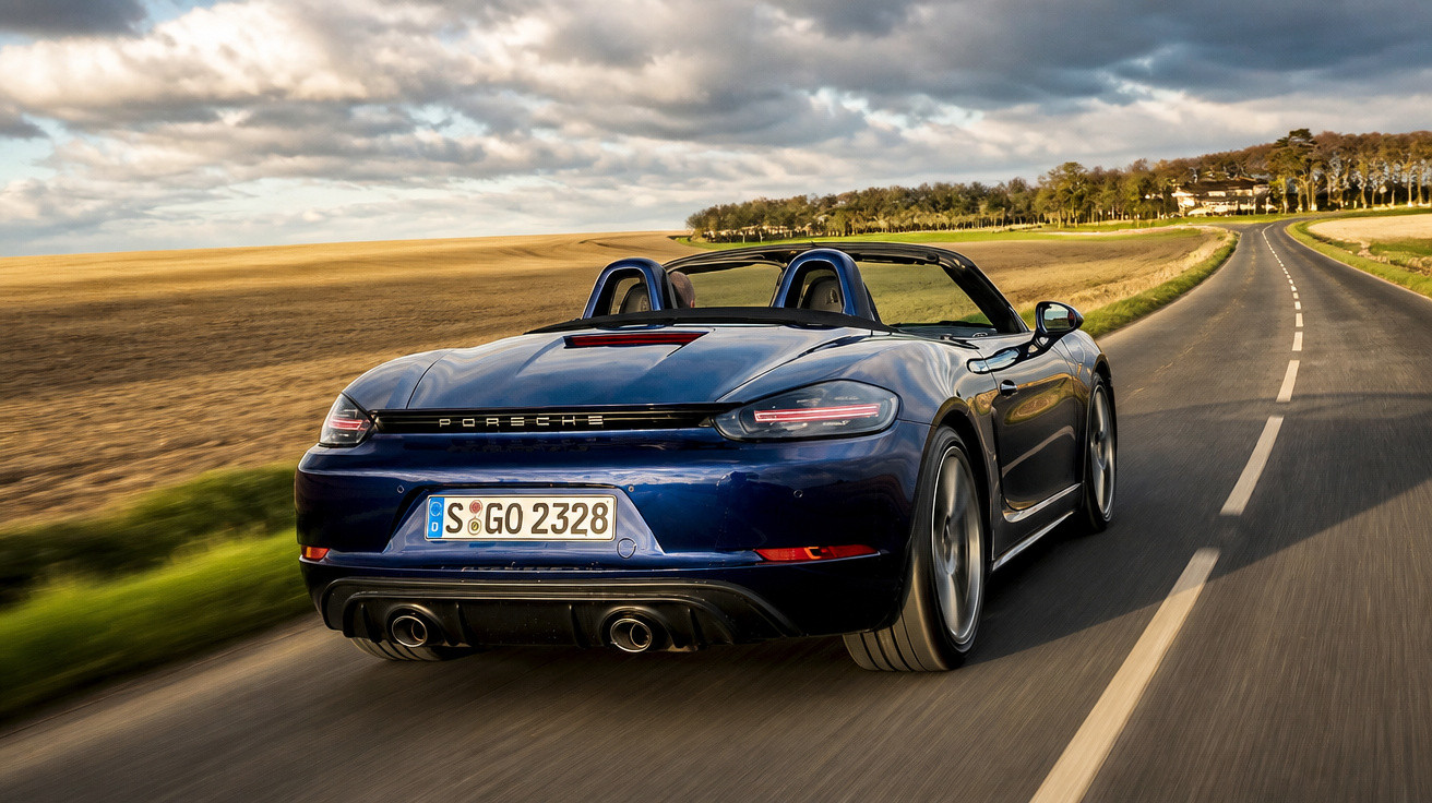Carro esportivo conversível Porsche azul em estrada reta cercada por campos sob céu nublado.