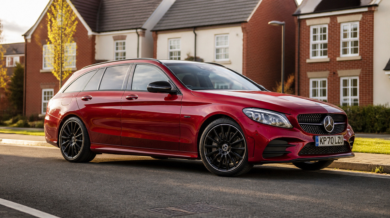 Carro Mercedes-Benz vermelho estacionado em rua residencial com casas ao fundo.
