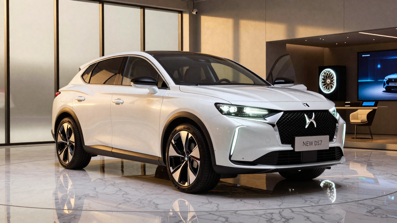 Carro branco DS7 estacionado em ambiente interno moderno com piso de mármore refletivo.