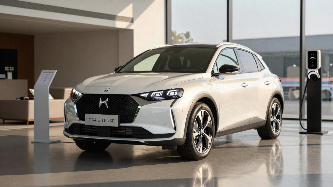 Carro elétrico DS4 E-Tense branco exibido em showroom moderno com estação de carregamento ao fundo.