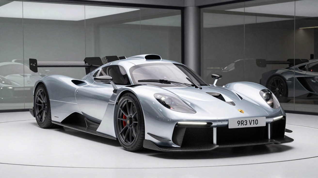 Carro esportivo prata Porsche 9R3 V10 em exposição com design aerodinâmico e grande aerofólio traseiro.