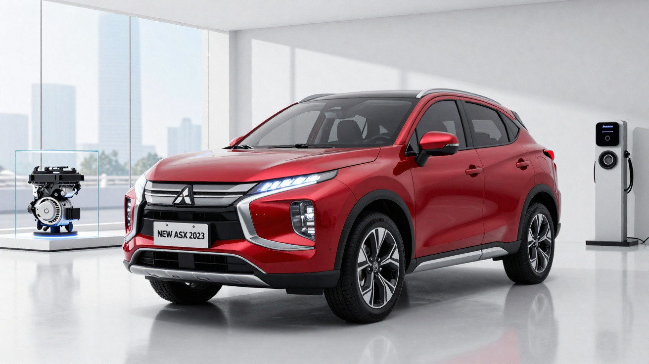 SUV Mitsubishi ASX 2023 vermelho em ambiente moderno com motor exposto e estação de carregamento elétrico.