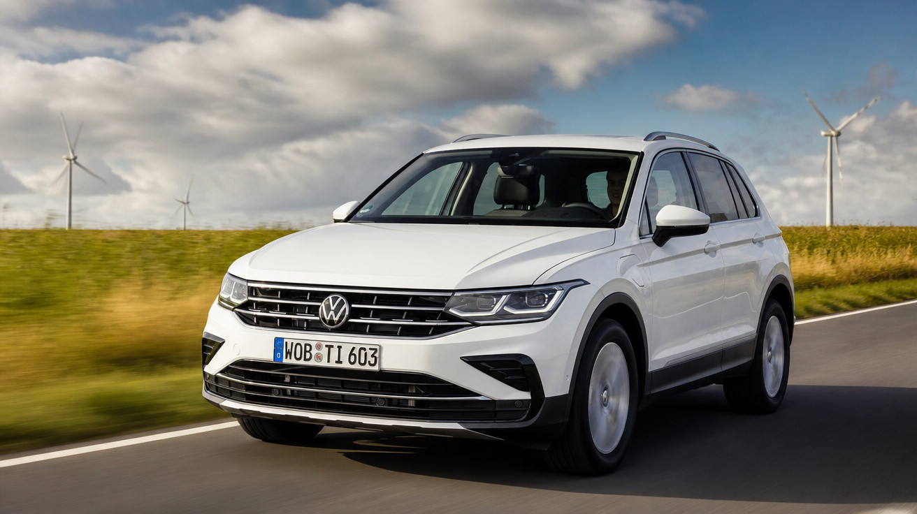 Carro SUV Volkswagen branco em estrada asfaltada com moinho de vento e céu nublado ao fundo.