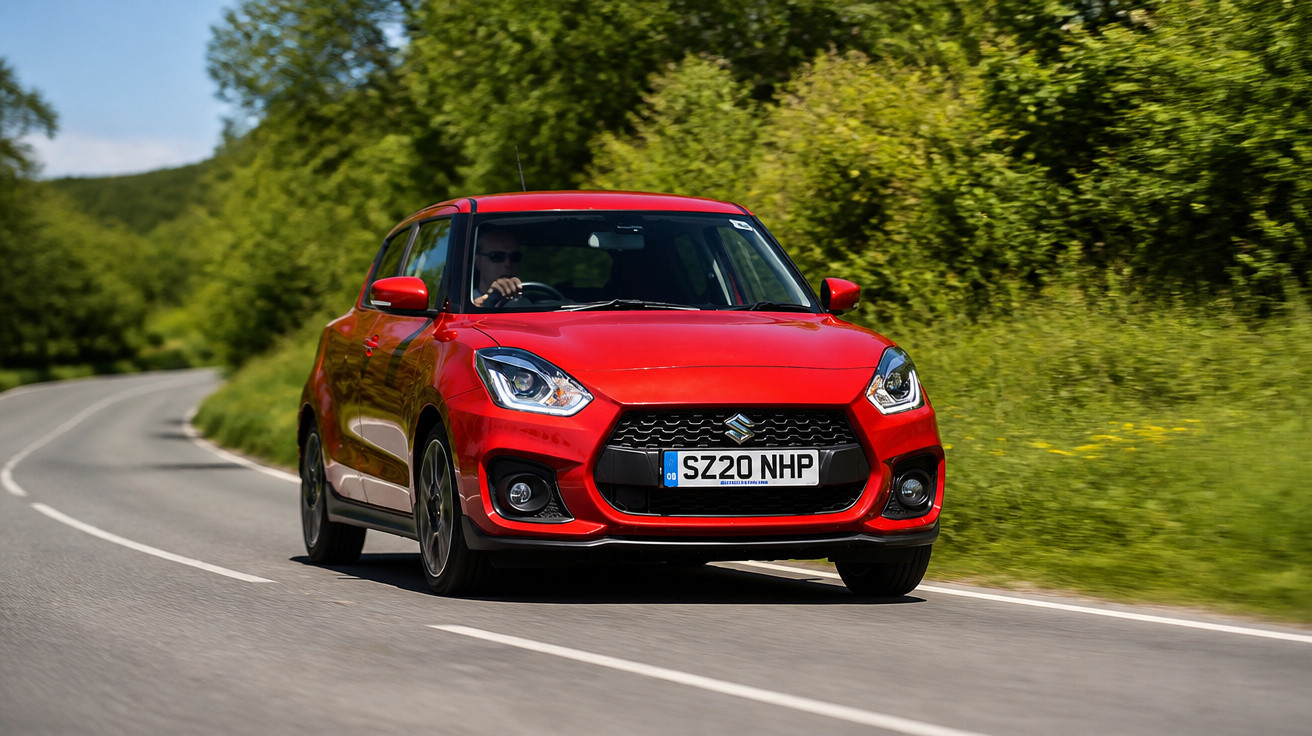 Carro vermelho Suzuki Swift trafegando em estrada sinuosa cercada de árvores verdes em dia ensolarado.