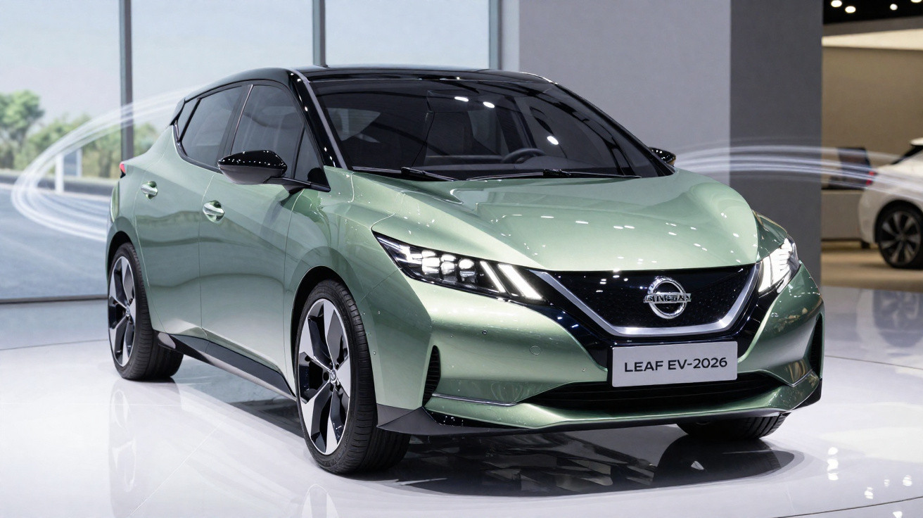 Carro elétrico Nissan Leaf EV-2026 verde com teto preto exibido em salão automotivo.