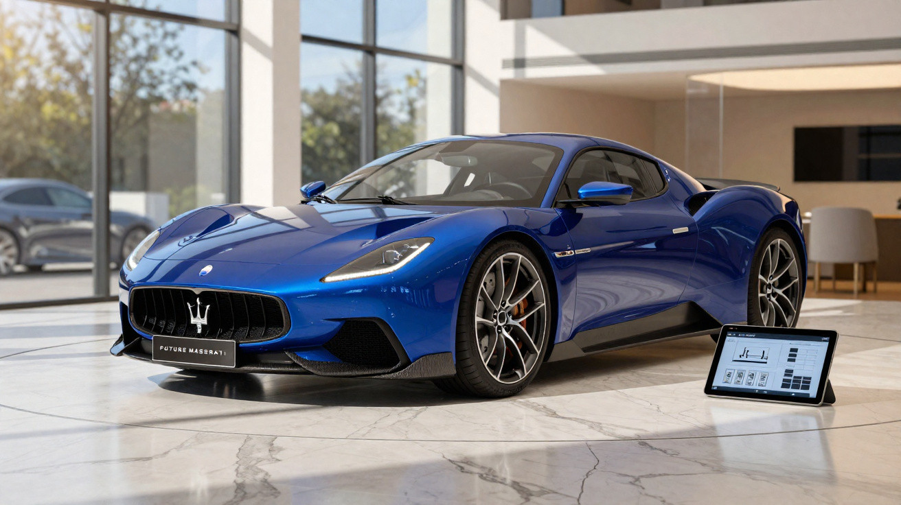 Carro esportivo azul Maserati em salão com tablet exibindo informações técnicas ao lado.