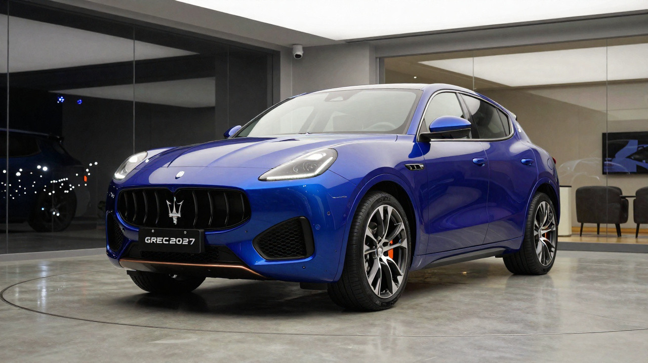 Carro esportivo azul Maserati apresentado em ambiente interno moderno com piso de concreto polido.