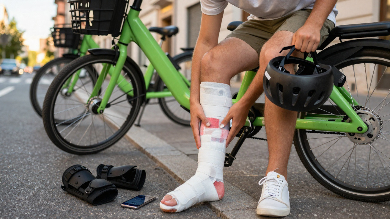Homem sentado na calçada ao lado de bicicleta, com perna engessada e segurando capacete preto.
