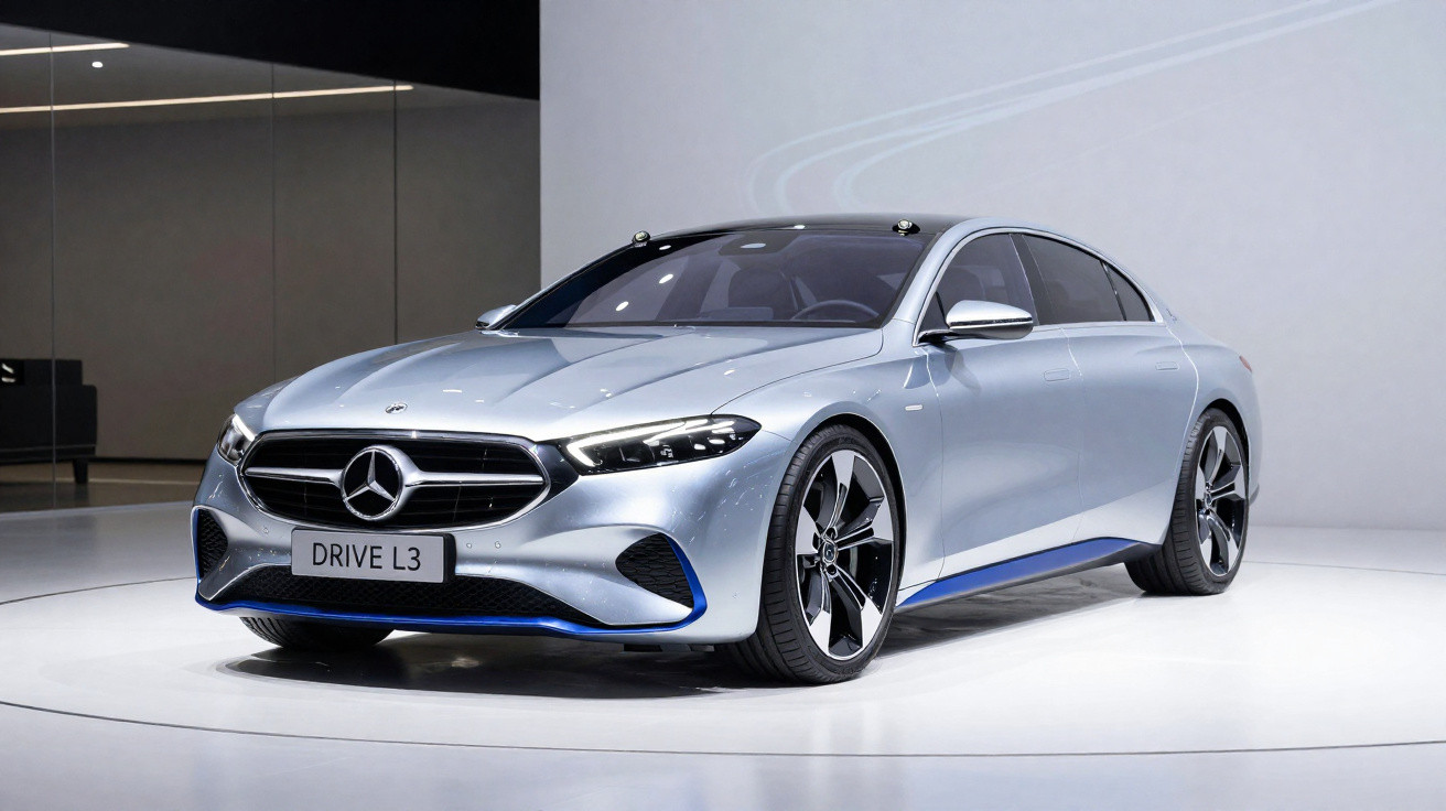 Carro elétrico prata Mercedes-Benz DRIVE L3 exposto em ambiente moderno e bem iluminado.