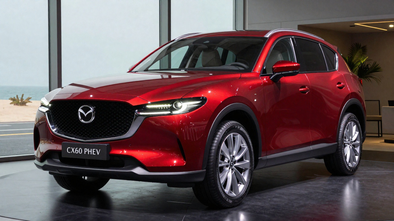 SUV Mazda CX60 PHEV vermelho em exposição dentro de ambiente com janelas grandes ao fundo.