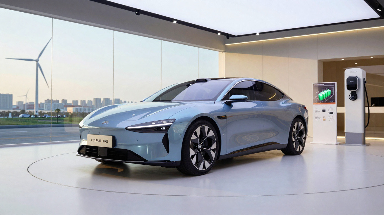 Carro elétrico esportivo azul em exposição interna próxima a estação de carregamento e janela com vista de turbinas eólicas.
