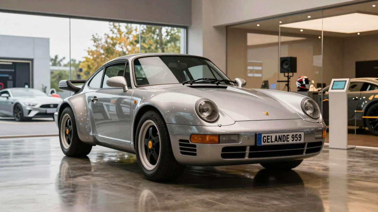 Carro esportivo Porsche 959 prata exposto em showroom moderno com piso refletivo.
