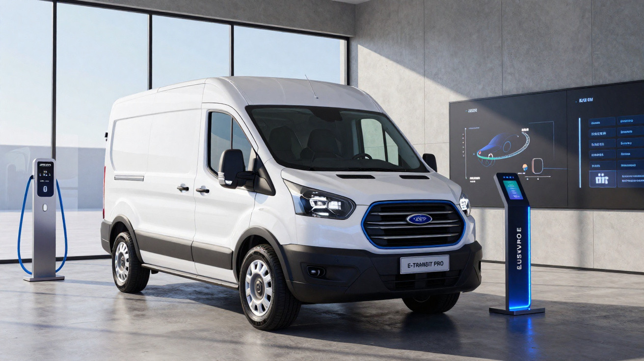 Van branca elétrica Ford E-Transit Pro estacionada em ambiente moderno com estação de recarga.