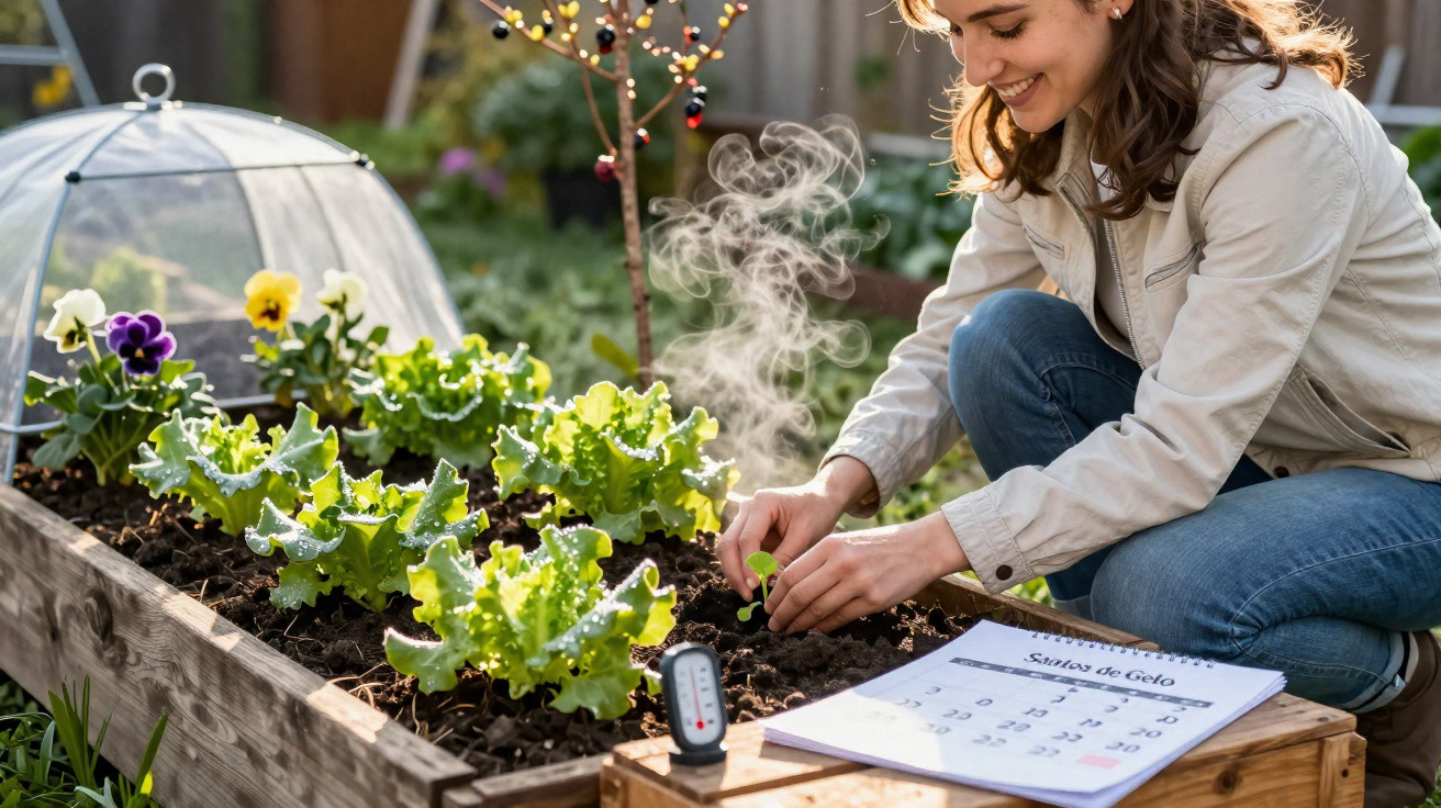 Mulher sorridente plantando mudas em canteiro elevado de hortaliças com vapor saindo do solo.