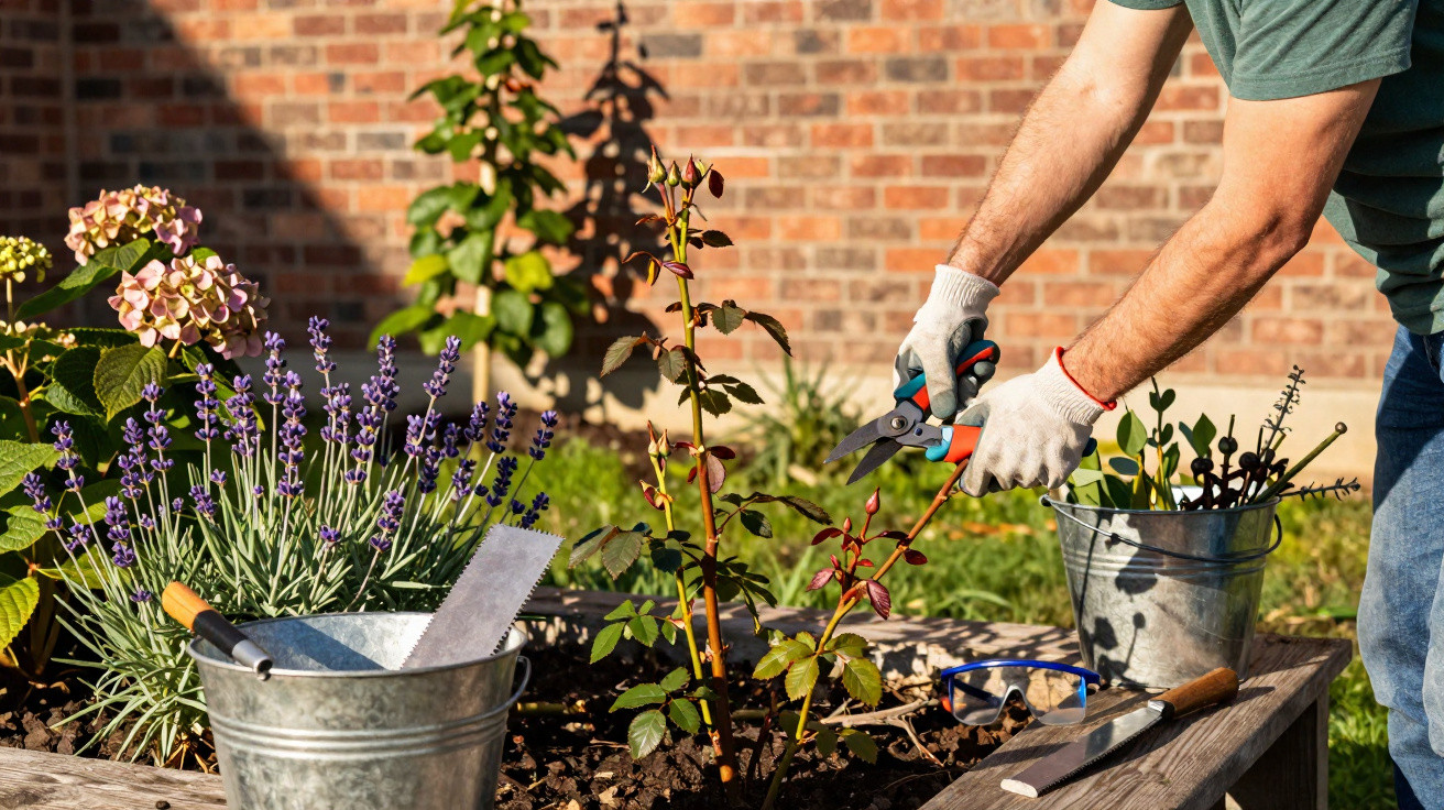 Pessoa podando planta com tesoura de jardinagem em canteiro elevado com flores e ferramentas.