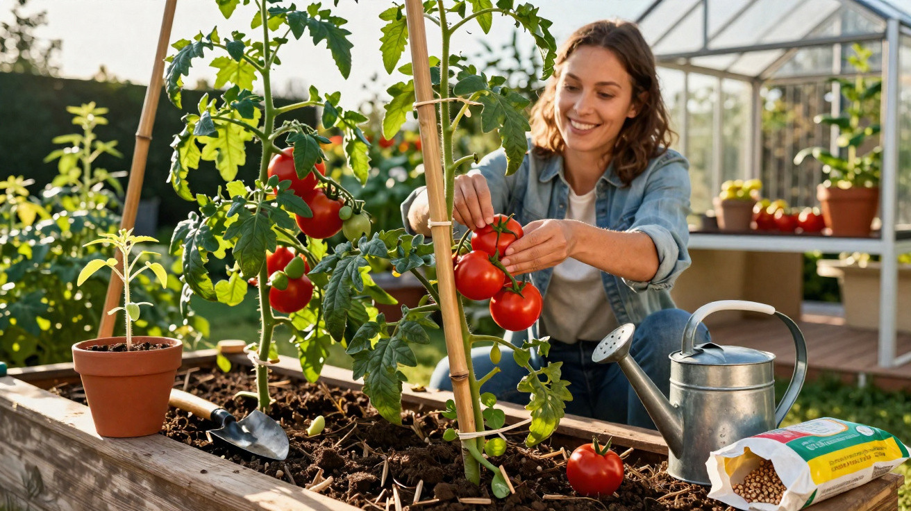 Mulher colhendo tomates maduros em jardim elevado com regador e sementes ao lado.