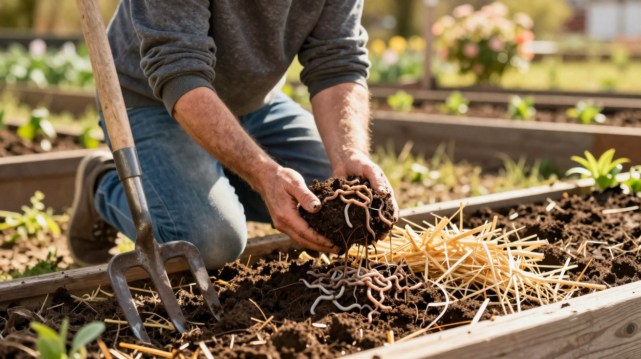 Pessoa segurando terra com minhocas em canteiro de jardim com ferramenta agrícola ao lado.