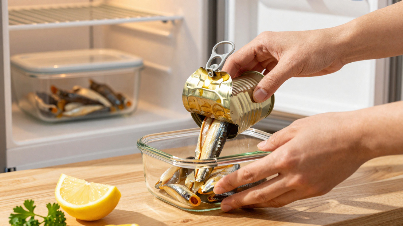 Mãos colocando sardinhas em lata dentro de recipiente de vidro, com geladeira e limão ao fundo.