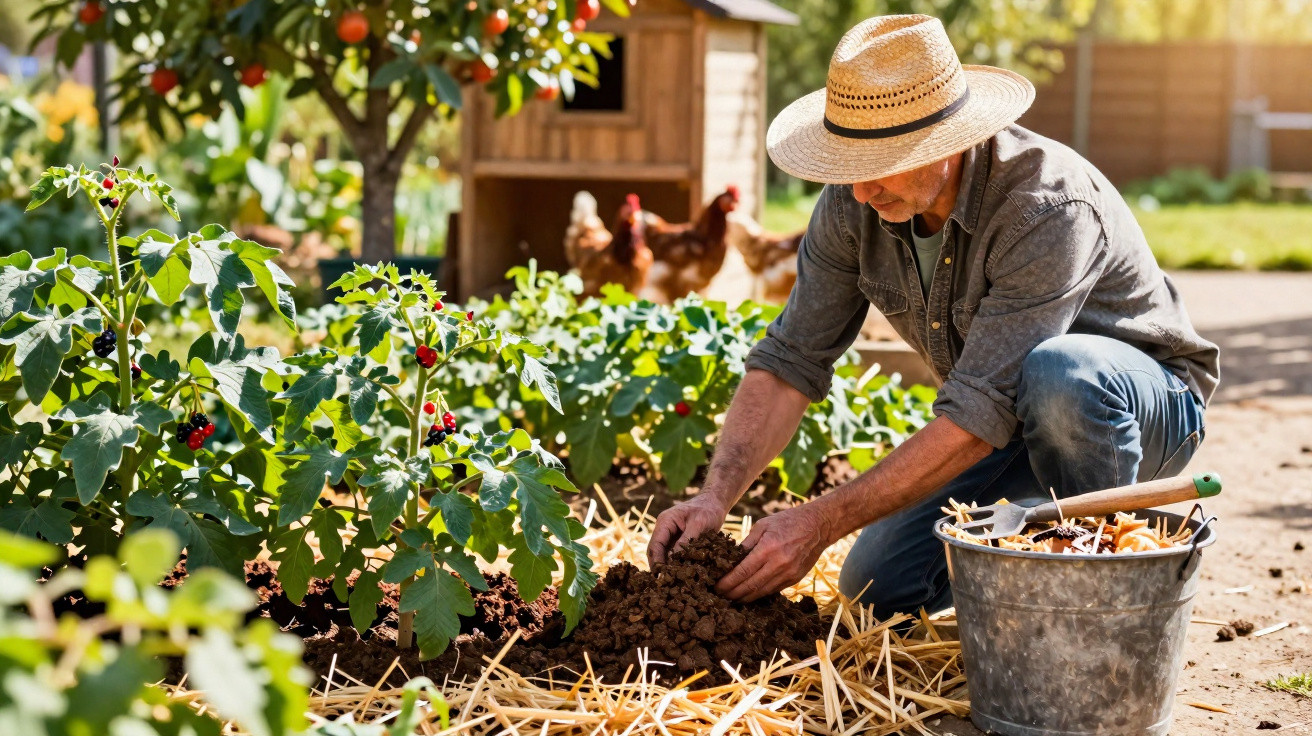 Homem agricultor cuidando da terra em horta com plantas e galinhas ao fundo em dia ensolarado.