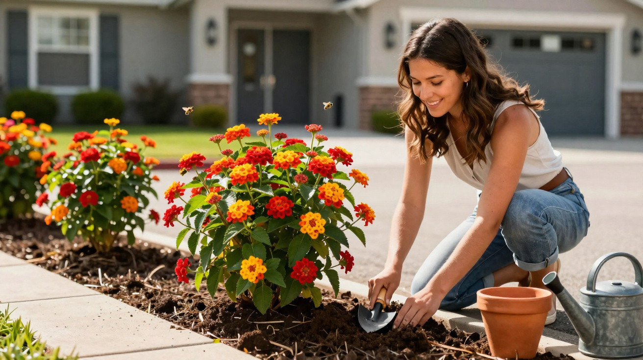 Mulher sorrindo planta flores vermelhas e amarelas em jardim residencial ensolarado.