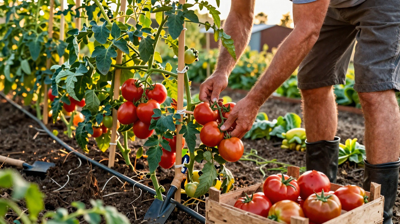 Pessoa colhendo tomates maduros em plantação ao ar livre durante o dia.